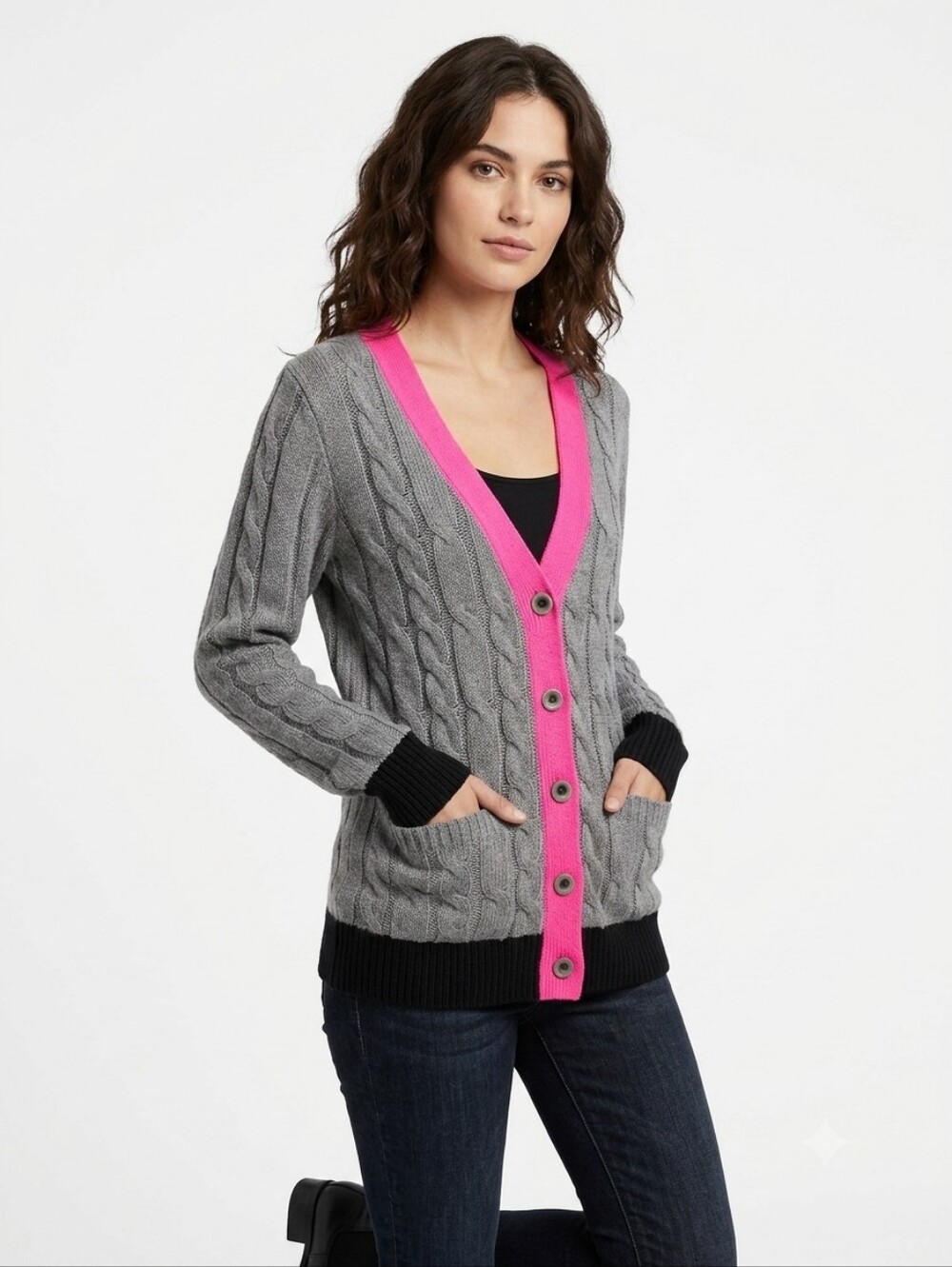Ardene NWT Women's Grey Cable Knit Cardigan Hot Pink Contrast  Sweater Size L